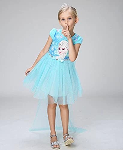 Snow Queen Elsa Anna Princess Short / Long Sleeve Tutu Costume Cape Dress, Blue, 4-5T