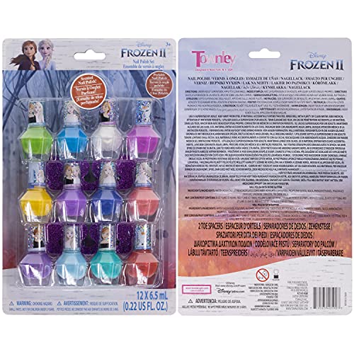 Disney Frozen - Townley Girl Non-Toxic Peel-Off Water-Based Natural Safe Quick Dry Nail Polish Gift Kit Set for Kids Girls Set With Bonus Nail Sparators, 12 Pcs (All Solid Colors)