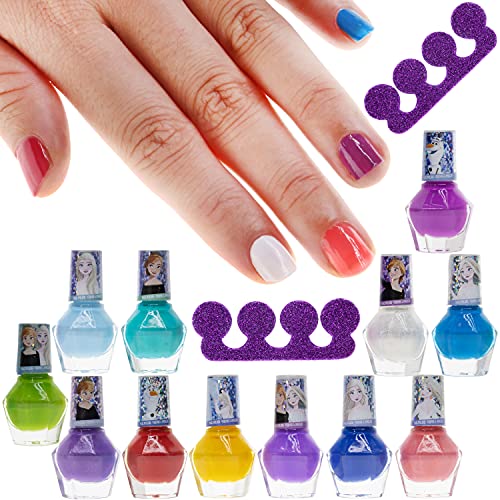 Disney Frozen - Townley Girl Non-Toxic Peel-Off Water-Based Natural Safe Quick Dry Nail Polish Gift Kit Set for Kids Girls Set With Bonus Nail Sparators, 12 Pcs (All Solid Colors)