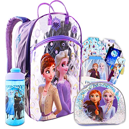 Frozen Store Disney Frozen Backpack & Lunch Bag - Frozen School Supplies Bundle with 17 Inch Backpack, Insulated Lunch Box, Water Bottle, Stickers, & More (Frozen Backpack for Girls)