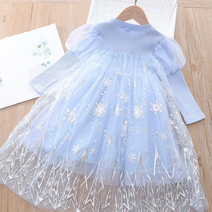 Girls Cartoon Dress 2022 Fall Fashion Frozen Elsa Princess Dresses Kids Long Sleeve Mesh Costume Crown+Magic Wand Girl Clothes
